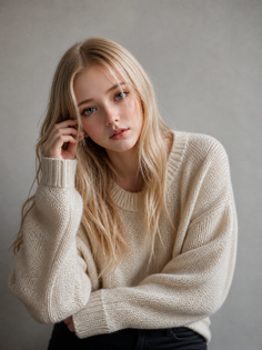 Young woman with blonde hair wearing a cream sweater, looking at the camera