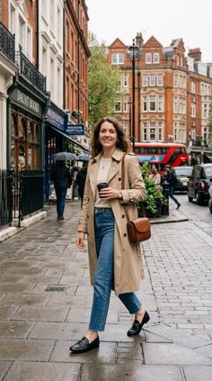 Woman in a trench coat and jeans walking on a city street with a coffee cup