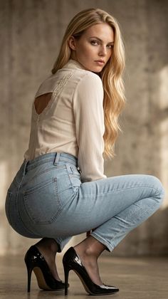 Blonde woman in light wash jeans and high heels squatting indoors