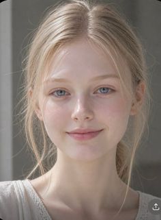 Young woman with blonde hair and blue eyes, smiling softly