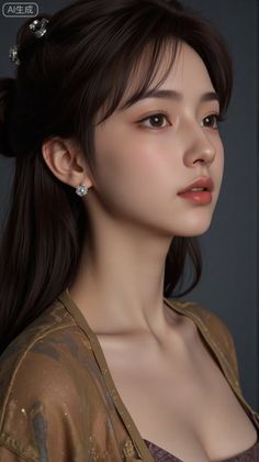 Woman with long brown hair and earrings, showing cleavage