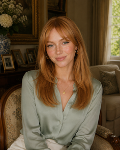 Woman with red hair and freckles wearing a light green shirt, sitting indoors