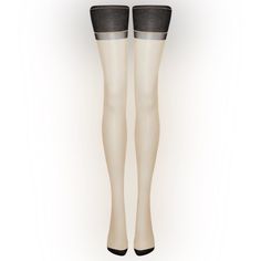 Pair of beige thigh-high stockings with black tops on a white background