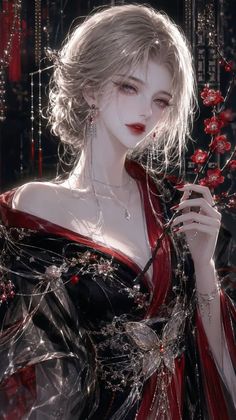 Illustration of a woman in a black and red kimono holding red flowers