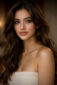 Woman with long brown hair wearing a strapless top, looking at the camera