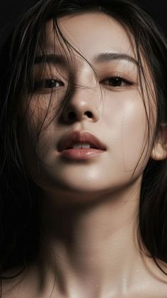 Close up portrait of a woman with wet, dark hair and soft lighting