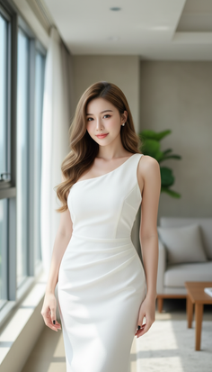 Woman in a white one-shoulder dress standing indoors with soft lighting