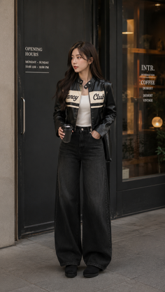 Woman in a black leather jacket and wide leg jeans holding a coffee cup