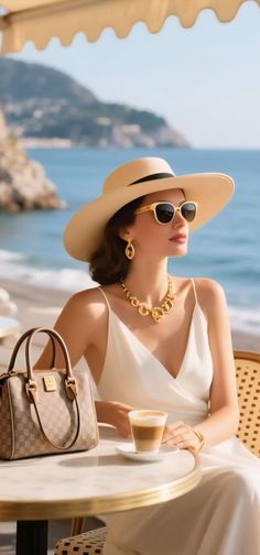 Woman in a white dress and hat sitting at a table by the beach