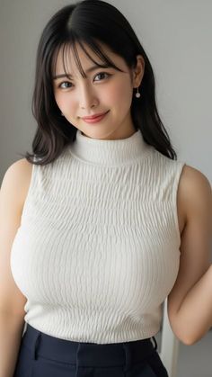 Woman with black hair and bangs wearing a white sleeveless top and pearl earrings