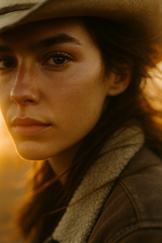 Woman in a cowboy hat and sherpa jacket at golden hour