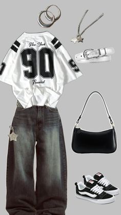 A casual outfit featuring a white jersey, baggy jeans, and black sneakers