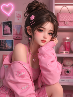 Girl with a messy bun in a pink jacket and plaid skirt in a pink room