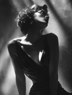 Woman in a dress with dramatic lighting and high contrast in black and white