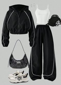 A casual black and white outfit with a track jacket, wide leg pants, and sneakers