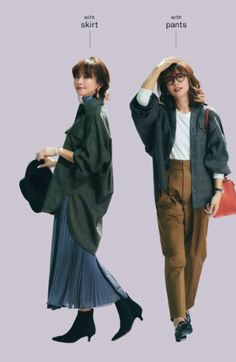 Two women modeling different outfits, one with a skirt and one with pants