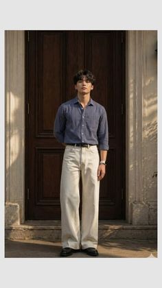 Man in a striped shirt and wide leg pants standing outdoors