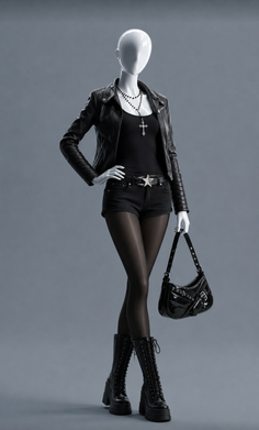 Mannequin wearing a black leather jacket, shorts, and platform boots