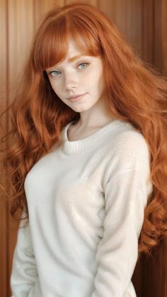 Woman with long red hair and freckles wearing a white sweater