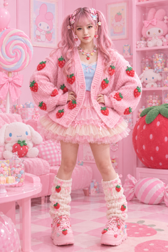 Woman in a pink strawberry cardigan and ruffle skirt in a pink themed room