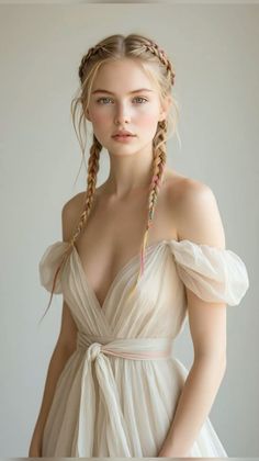 Blonde woman with braids wearing a light off-shoulder dress with cleavage