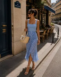 Woman in a blue floral skirt and tank top walking on a city street
