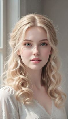 Portrait of a young woman with long blonde curly hair and blue eyes