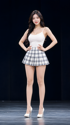 Woman in a white tank top and plaid skirt posing on a dark stage
