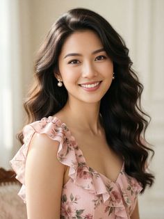 Woman with long wavy hair wearing a pink floral dress and pearl earrings