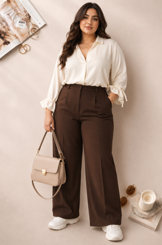 Woman in a white blouse and brown pants holding a handbag indoors