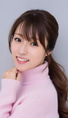 Woman in a pink turtleneck sweater with a ponytail, smiling at the camera