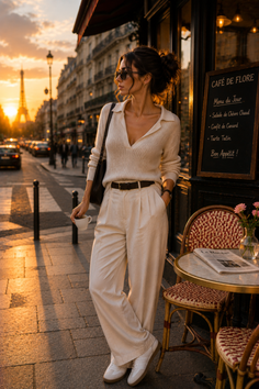 Woman in a white outfit and sunglasses on a Paris street at golden hour