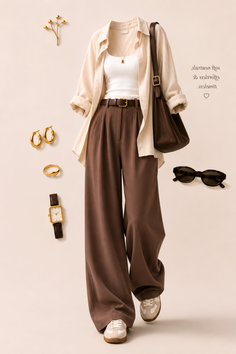 Full body flat lay of a casual outfit with wide leg pants and neutral tones