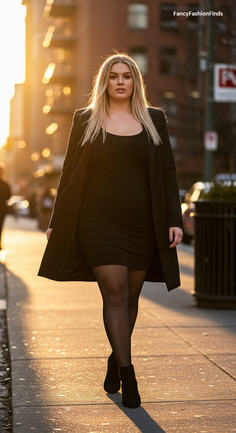 Woman with blonde hair in a black dress and coat walking on a city street