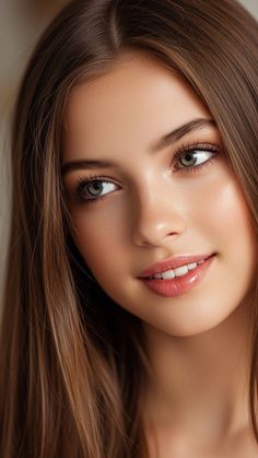 Close up portrait of a young woman with long brown hair and green eyes