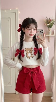 Illustration of a girl with braids and red bows taking a mirror selfie