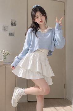 Woman in a light blue cropped sweater and white mini skirt posing indoors