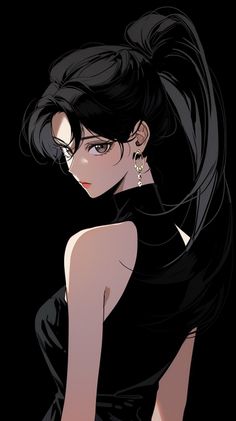 Anime style portrait of a woman with black hair in a ponytail, wearing a black dress