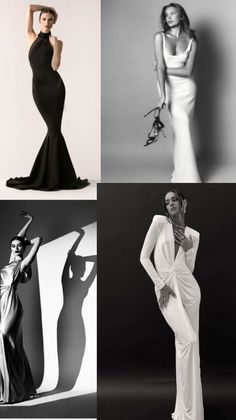 Four women in elegant dresses posing in a studio setting