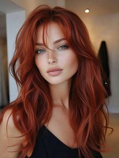 Woman with long red hair and freckles looking directly at the viewer