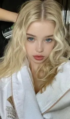 Woman with blonde wavy hair and blue eyes wearing a white bathrobe