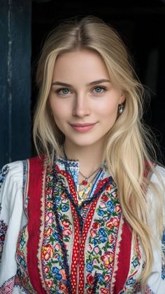 Blonde woman with blue eyes wearing an embroidered shirt and jewelry