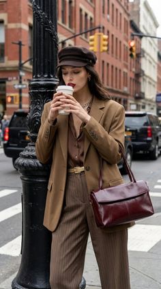 Woman in a brown blazer and pinstripe pants drinking coffee on a city street