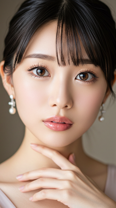 Woman with black hair and bangs wearing pearl earrings, close up portrait