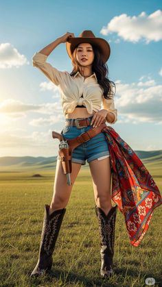 Woman in cowboy attire posing in a grassy field at golden hour