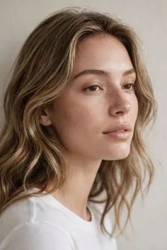 Woman with long wavy blonde hair and freckles in a white t-shirt