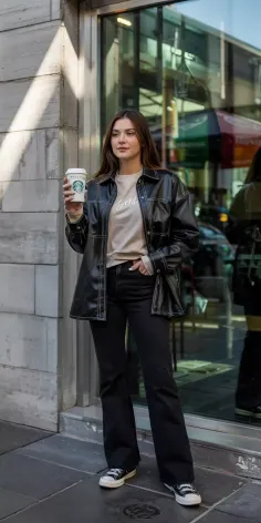 Woman in a black leather jacket and jeans holding a coffee cup on a city street