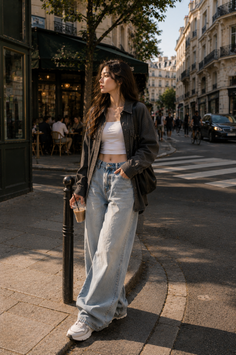 Woman in a crop top and wide leg jeans on a city street
