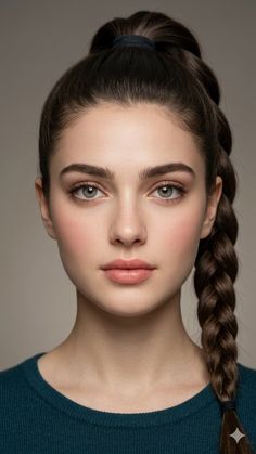 Woman with braided dark hair and green eyes wearing a teal sweater