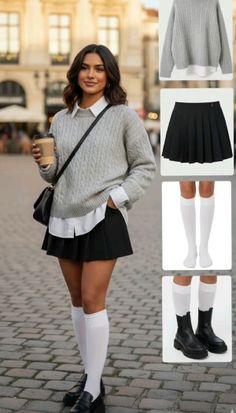 Woman in a gray sweater and black pleated skirt holding a coffee cup on a street
